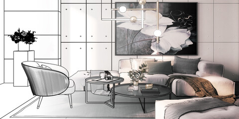 Cute Sitting Group Inside a Modern Style Apartment With Artwork (draft) - panoramic 3D Visualization