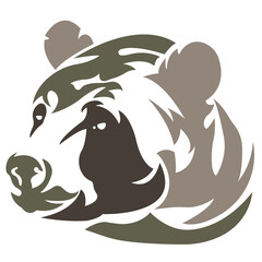 The face of a brown bear silhouette is drawn with lines of different widths. Design for tattoos, decor, paintings, bear muzzle logo, wrestling club, postcards, printing on clothes. Isolated vector