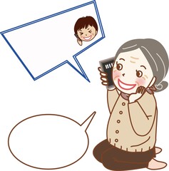 スマートフォンで話す高齢の女性。
