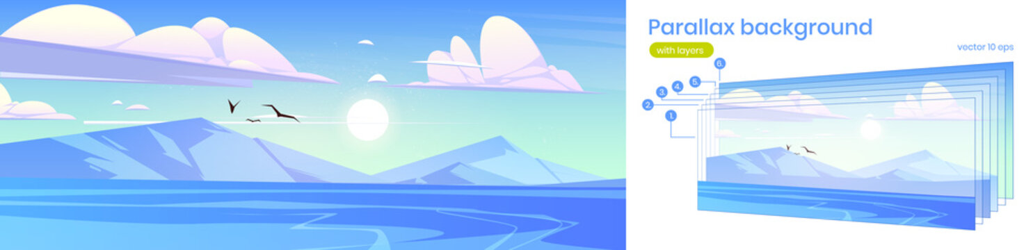 Northern landscape with sea and mountains on horizon. Vector parallax background with layers for animation with cartoon illustration of lake with blue water, white rocks, flying birds and sun in sky