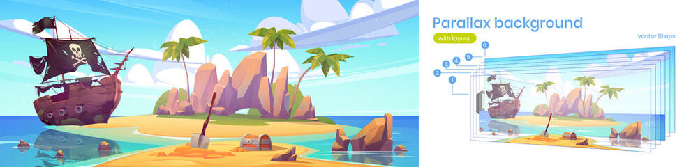 Tropical island with pirate ship and treasure chest on beach. Vector parallax background for game animation with cartoon sea landscape with wooden boat with skull on sails and palm trees on coast © klyaksun