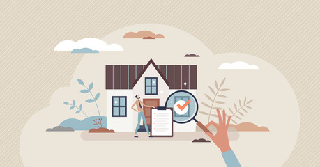 Fototapeta na wymiar Real estate appraiser as property evaluation for sale tiny person concept. Estimate value inspection and assessment as housing appraisal service vector illustration. Residential home review and report