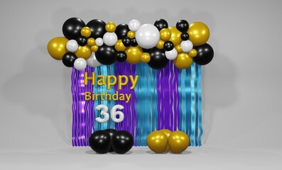 36rd birthday background 3d image render with black and white gold color balloon decoration