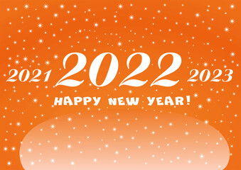 2022 Happy New Year orange background with white stars and snowflakes for your Greetings Card or Christmas. Fading 2021 and 2023.