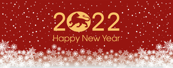 2022 Happy New Year card template. Design patern snowflakes, tiger. Red and golden colors