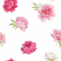 Beautiful seamless floral pattern with hand drawn watercolor gentle pink peony flowers. Stock illuistration. Autotraced vector. - obrazy, fototapety, plakaty