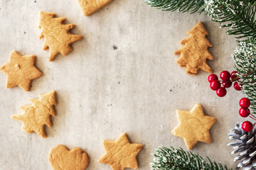 New Year's Gift Card, Happy New Year and Christmas. On the background of Christmas cookies
