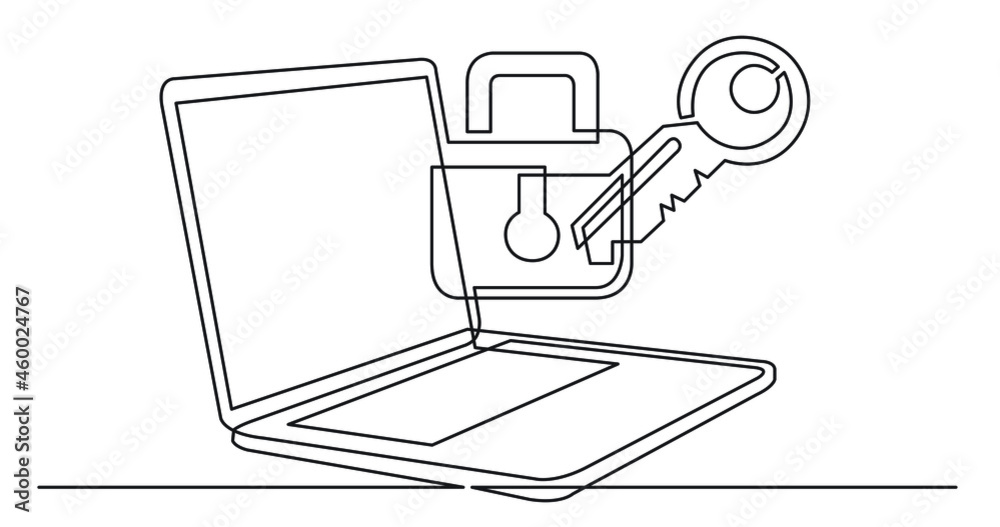 Wall mural one line drawing of laptop computer with lock and key as business concept of cyber security