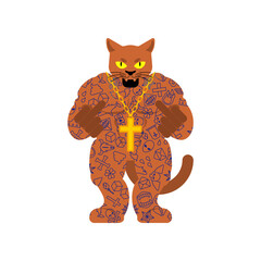 Cat Gangsta isolated. Angry pet bully member of gang of street criminals. Tattoos and weapons, gold chain and gun