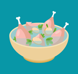 Chicken soup isolated. Liquid food with chicken legs. vector illustration