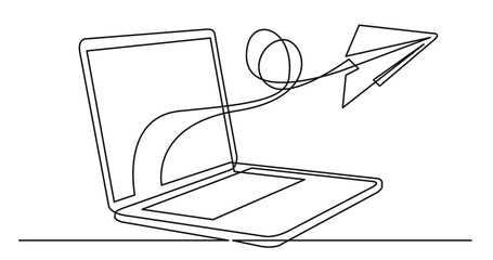one line drawing of laptop computer with paper plane as business concept of startup