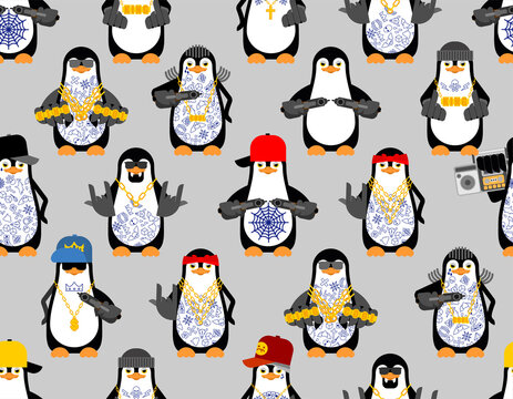 Penguin mafia gang Gangsta pattern seamless. Angry seabird bully member of gang of street criminals. Tattoos and weapons, gold chain and gun. vector background