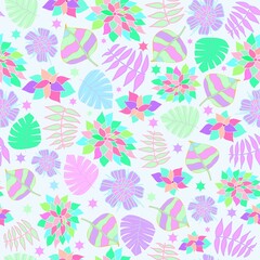 Pastel colored leaves and flowers rainbow theme seamless pattern