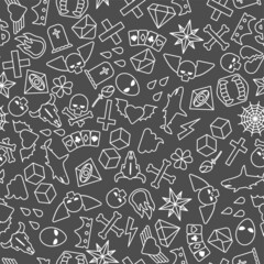 Tattoo pattern seamless. Tattoo icons background. Heart and dice. Spider web and skull. Jogila and the diamond. Dollar and Star