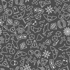 Tattoo pattern seamless. Tattoo icons background. Heart and dice. Spider web and skull. Jogila and the diamond. Dollar and Star