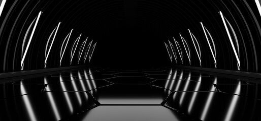 A dark tunnel lit by white neon lights. Reflections on the floor and walls. 3d rendering image.