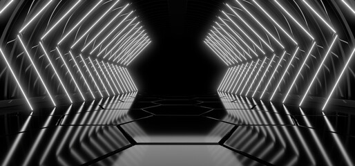 A dark tunnel lit by white neon lights. Reflections on the floor and walls. 3d rendering image.