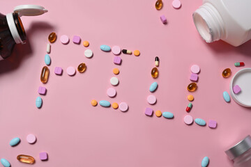 Assorted medicine pills on pink background.
