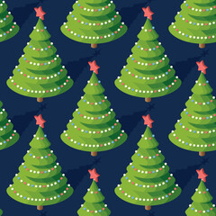 Seamless Pattern with Isometric Christmas Tree with Red Star.