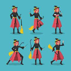 Beautiful witch in spooky hat and broom with different pose