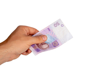 Hand holds money on a white background