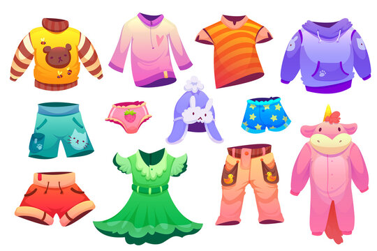 Kids fashion clothes for boys and girls. Vector cartoon set of cute children garment, t-shirts, shorts, dress, sweaters, pajamas in shape of unicorn, hat and pants isolated on white background