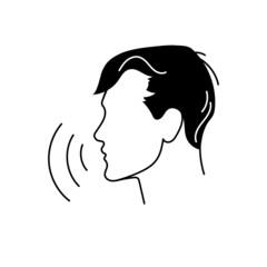 Icon of man profile face with audio waves. Male voice sign for translator or assistant application. Concept of podcast or audiobook with boy head. Simple black white logo. Vector isolated illustration