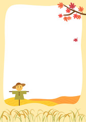 가을배경 . 논밭에 허수아비와 곡식이 익어가는 가을 배경과 단풍나무가 있는 프레임. 세로형 배경