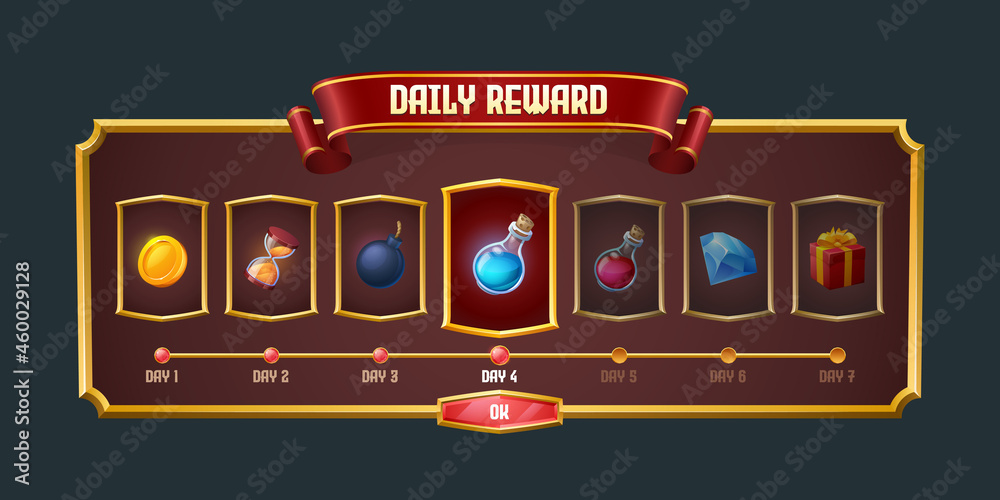Aufkleber daily game reward graphic user interface, menu panel for rpg. screen gui design with level assets in