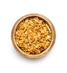 Pieces of fried onions in bowl.