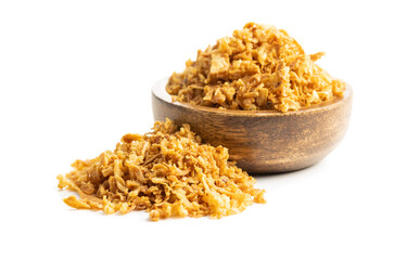 Pieces of fried onions in bowl.