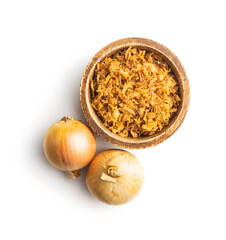 Pieces of fried onions in bowl.