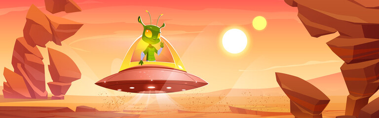Cute martian in ufo on Mars red alien planet landscape. Extraterrestrial comer with green skin and huge eyes sit in saucer show victory gesture. Fantastic space cartoon character Vector illustration © klyaksun