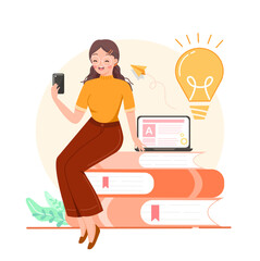 Software for online learning. Happy girl using mobile phone and reading digital book on pile of books with laptop on. Modern reading, web courses or tutorials. Education vlog. Flat vector illustration
