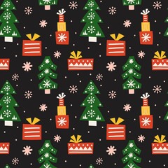 Christmas seamless pattern. Hand drawn scandinavian xmas background, cartoon ethnic winter holidays, traditional tree gifts and toys. Decor textile, wrapping paper wallpaper vector print or fabric