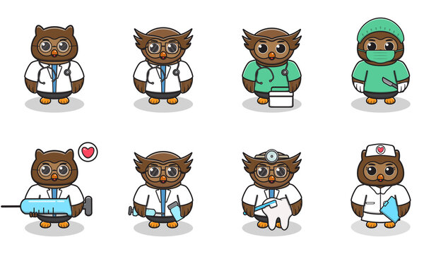 Vector illustration of Cute Character Cartoon of Owl Doctor. Good for label, sticker, clipart. white isolated background