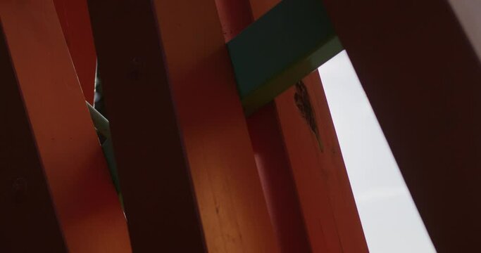 Close up shot of a wooden art installation, sun shining through the installation flaring the camera lens. Camera tracks to the left.