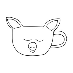 cup in the form of a face of a pig hand drawn doodle. vector, minimalism. hot drink, cocoa, coffee, tea, sticker, icon, menu, cute print.