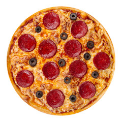 Isolated pepperoni pizza with salami and olives on white background