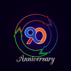 90 Years Anniversary label isolated on black, vector with shadow