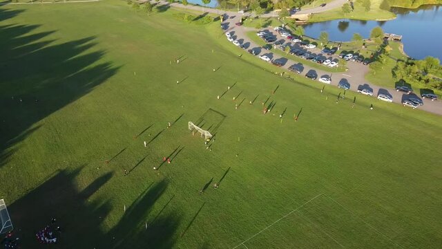 Aerial view of the soccer girls team  Liberty Park in Clarksville Tennessee, USA. Women's team and soccer concepts.