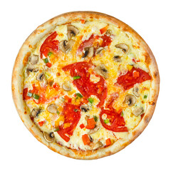 Isolated pizza with mushrooms and tomatoes on white background