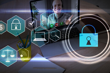 Person using a laptop computer with technology cybersecurity and privacy concept. protection and safe data for global network security