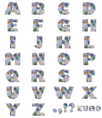Obraz premium A set of letters of the Latin alphabet, the surface of which is filled with the image of the euro