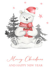 Watercolor card Merry christmas with cute polar bear sitting with cocoa in winter forest