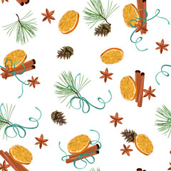 Seamless, Christmas vector illustration with spruce branch, cone,cinnamon, orange on a white background.