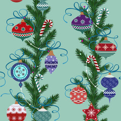 Seamless vector, Christmas illustration with spruce branch and christmas balls .