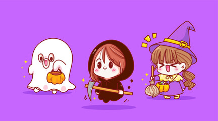 Happy halloween holiday celebration collection cute kid costume character hand drawn cartoon art illustration