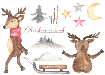 Watercolor set with cute arctic deer, sleigh, snowdrifts, spruce, stars, christmas animals