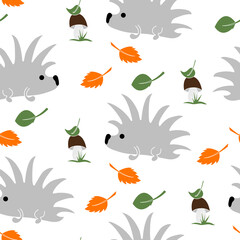 Funny hedgehog with mushroom and leaves seamless pattern on white background.